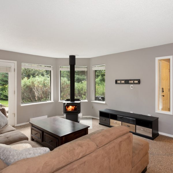 Bright living room with energy efficient wood stove